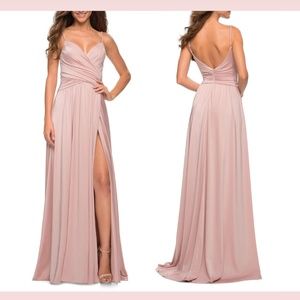 NEW $378 La Femme [ 8 ] Prom Crisscross Bodice High Slit Gown Mauve‎ Pink